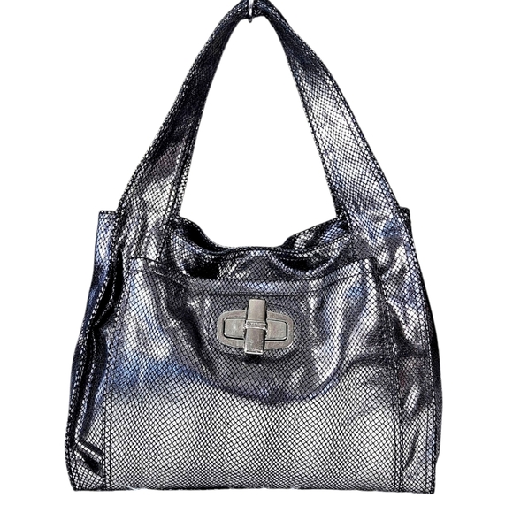 Vintage Makowsky Silver Metallic Leather Hobo Shoulder Bag Purse